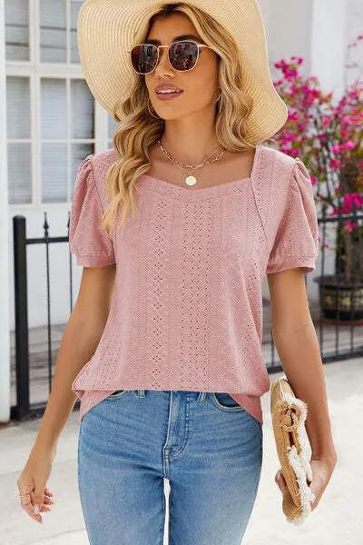 Eyelet Puff Sleeve T-Shirt Pale Blush Women's T-Shirts - Tophatter Daily Deals
